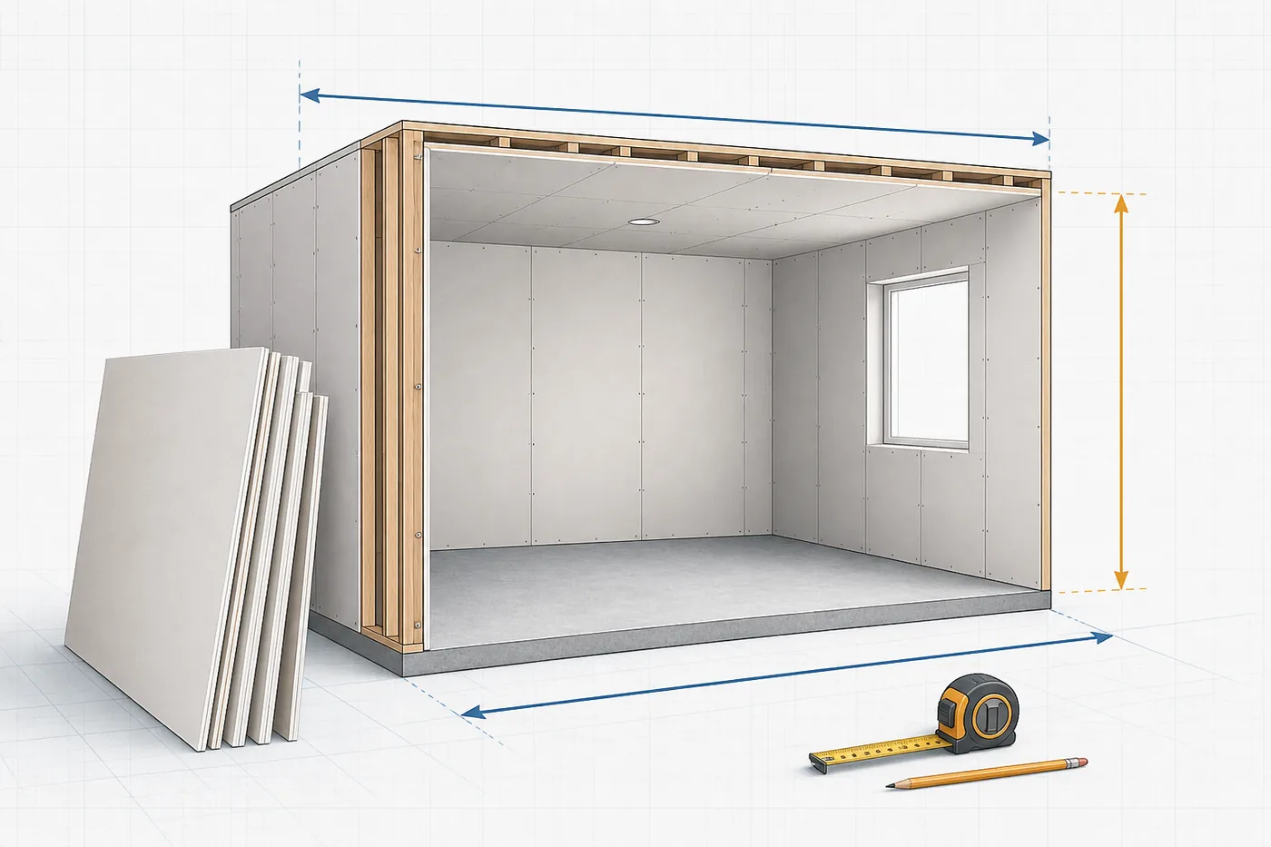 Cutaway room showing length, width and wall-height measurement directions