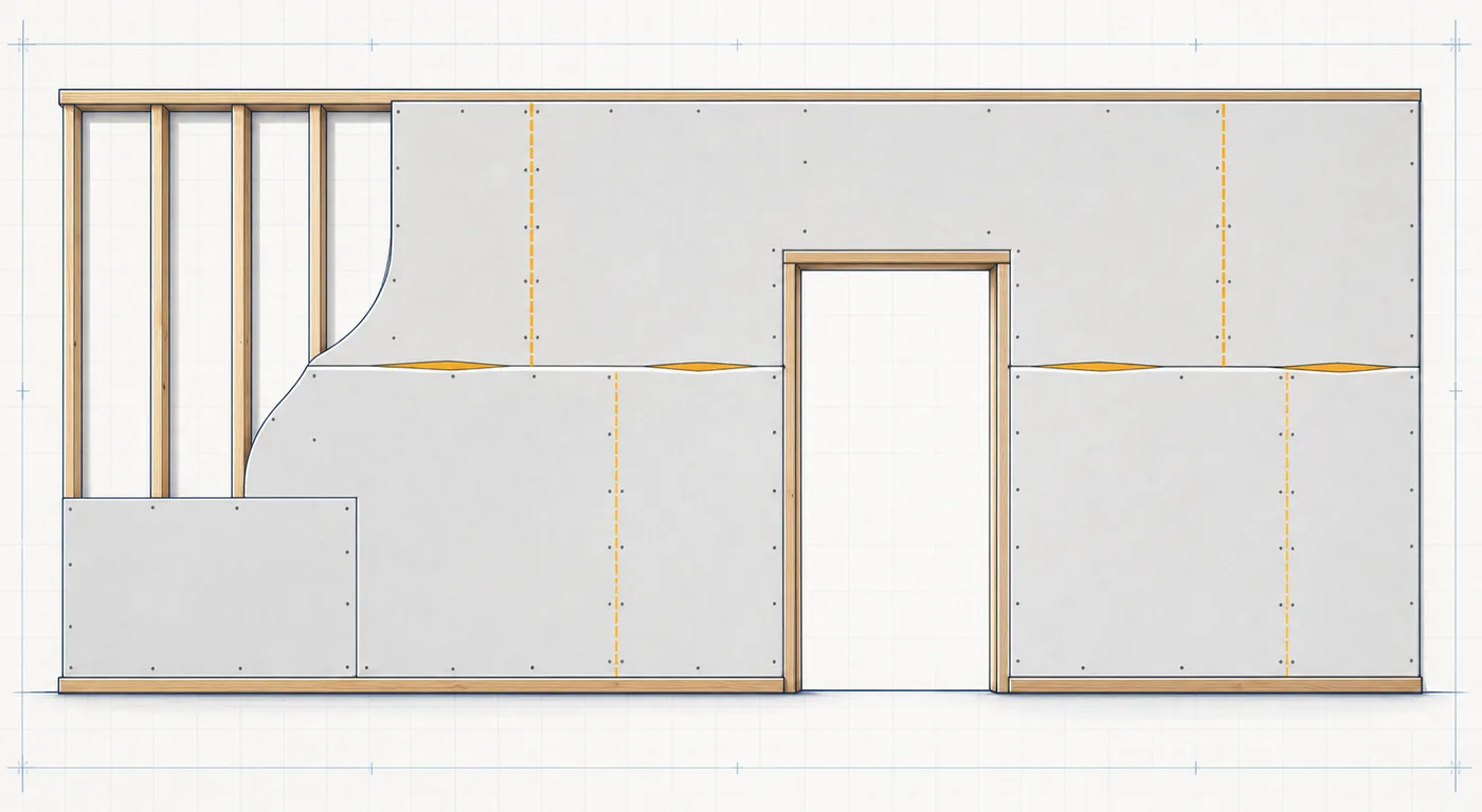 Horizontal drywall sheets with staggered butt joints crossing a framed door opening