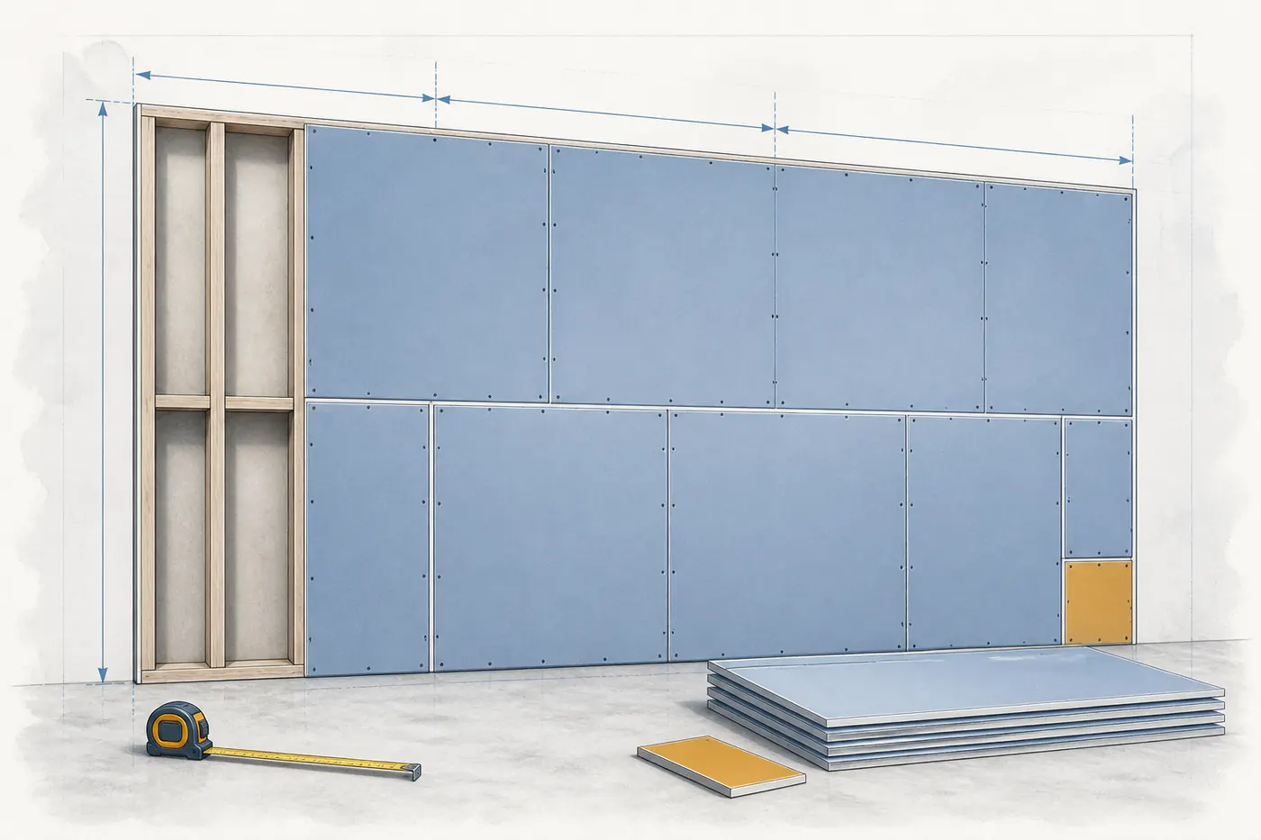 Measured wall surface arranged into standard drywall sheet coverage