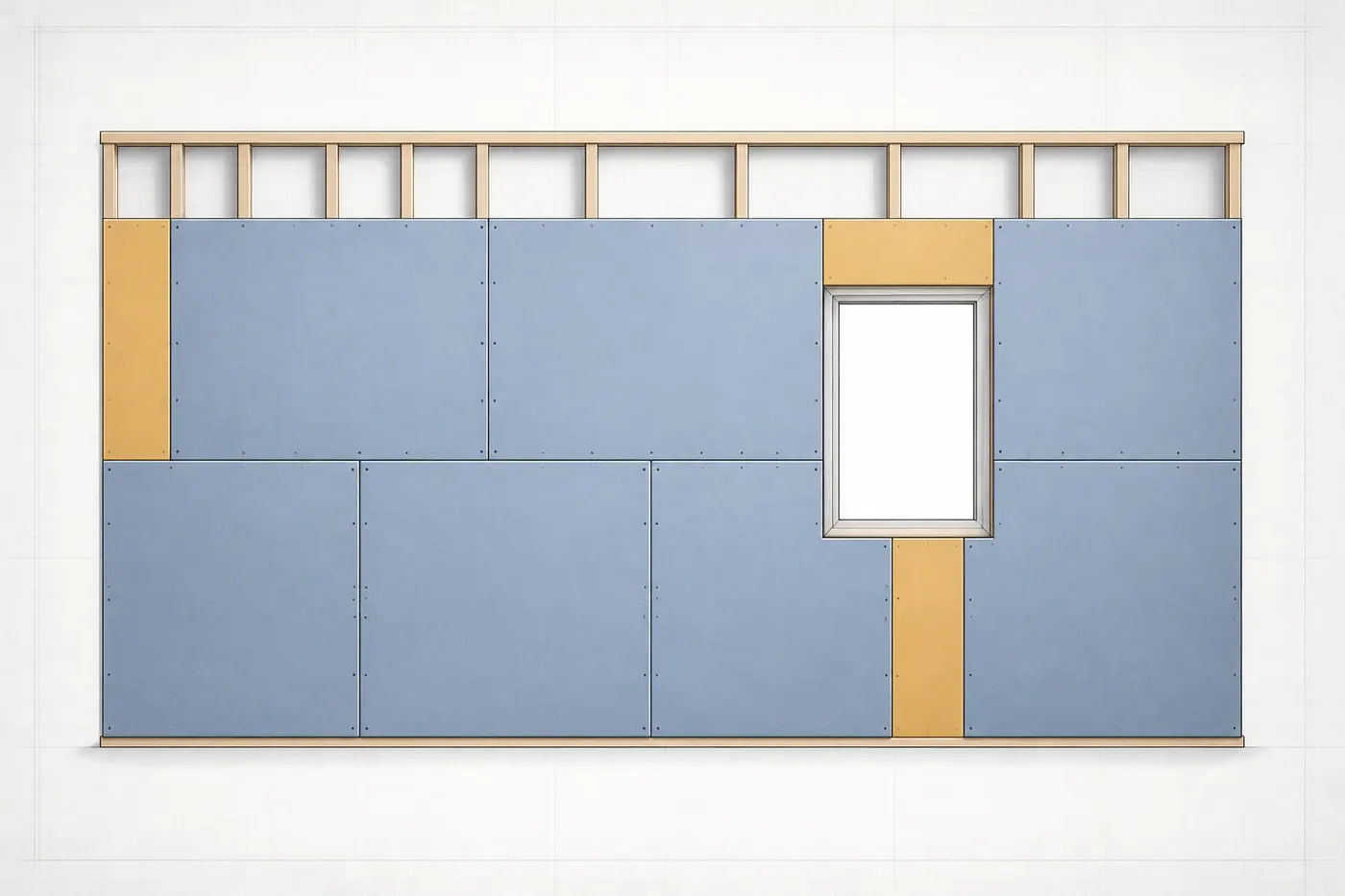 Grid of full drywall sheets and reusable offcuts covering a rectangular wall area